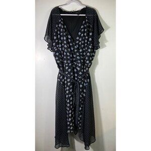 Womens Lane Bryant Flutter Sleeve Lined Floral Dress‎ Black White Blue 28